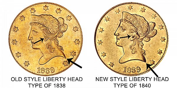 1839 Type of 1838 vs Type of 1840 Obverse - $10 Liberty Head Gold Eagle - Difference and Comparison