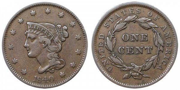 1840 Braided Hair Large Cent Penny - Large Date 