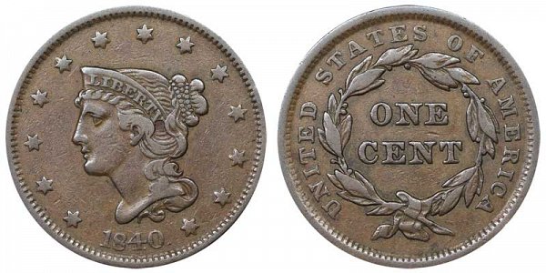 1840 Braided Hair Large Cent Penny - Large Date