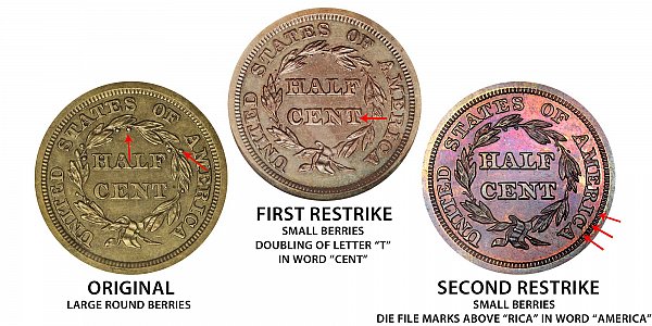 1840 Original vs First Restrike vs Second Restrike Braided Hair Half Cent - Difference and Comparison