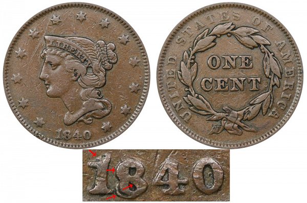 1840 Small Date Over Large 18 Braided Hair Large Cent