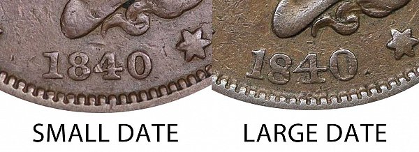 1840 Small Date vs Large Date Braided Hair Large Cent Penny 