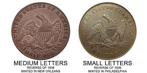 1840 Small Letters vs Medium Letters Seated Liberty Half Dollar - Difference and Comparison