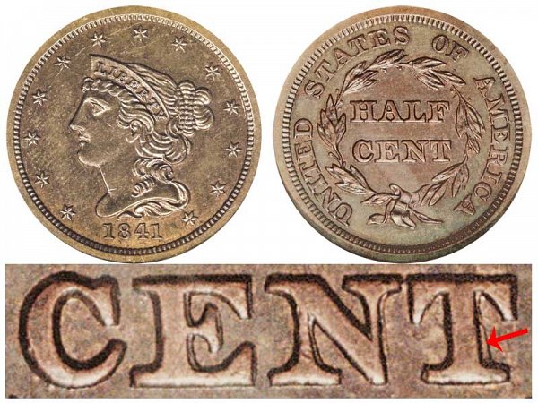 1841 Braided Hair Half Cent Penny - First Restrike 