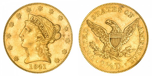 1841 Liberty Head $2.50 Gold Quarter Eagle - 2 1/2 Dollars 