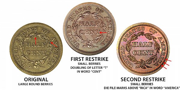 1841 Original vs First Restrike vs Second Restrike Braided Hair Half Cent - Difference and Comparison