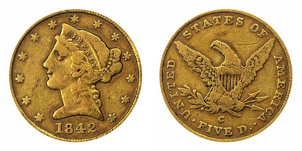 1842 C Liberty Head $5 Gold half Eagle - Large Date 