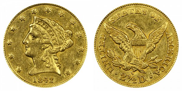 1842 C Liberty Head $2.50 Gold Quarter Eagle - 2 1/2 Dollars 