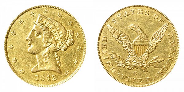 1842 C Liberty Head $5 Gold half Eagle - Small Date 