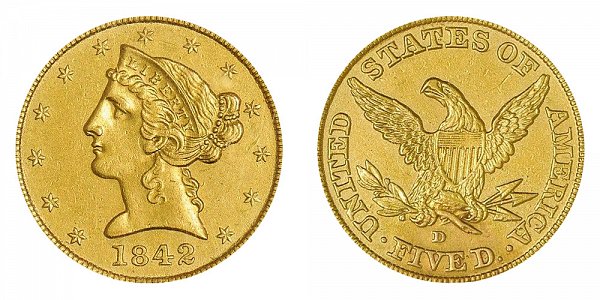 1842 D Liberty Head $5 Gold half Eagle - Large Date 