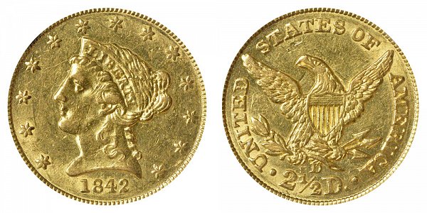 1842 D Liberty Head $2.50 Gold Quarter Eagle - 2 1/2 Dollars 