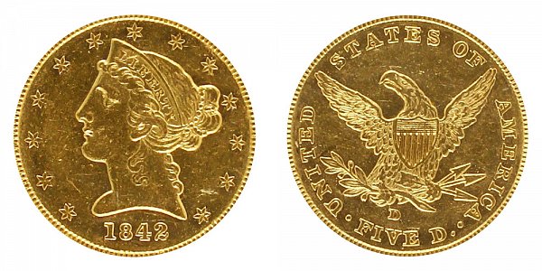 1842 D Liberty Head $5 Gold half Eagle - Small Date 