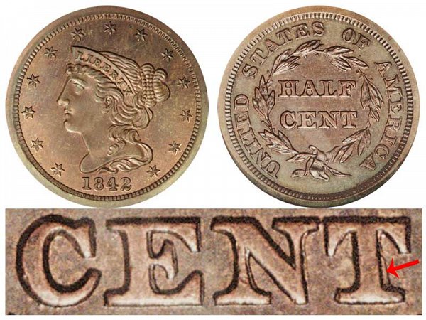 1842 Braided Hair Half Cent Penny - First Restrike 