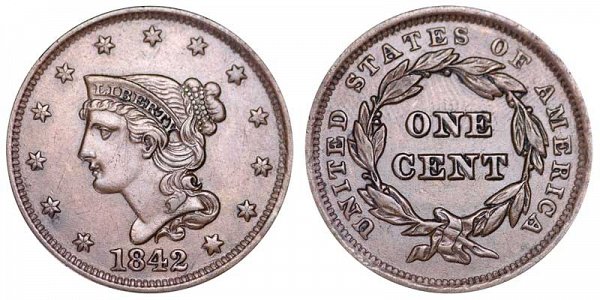 1842 Braided Hair Large Cent Penny - Large Date 