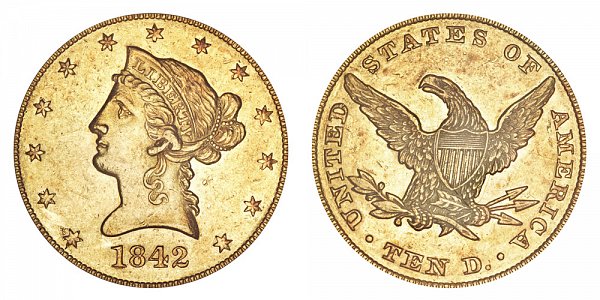 1842 Large Date Crosslet 4 - Liberty Head $10 Gold Eagle - Ten Dollars