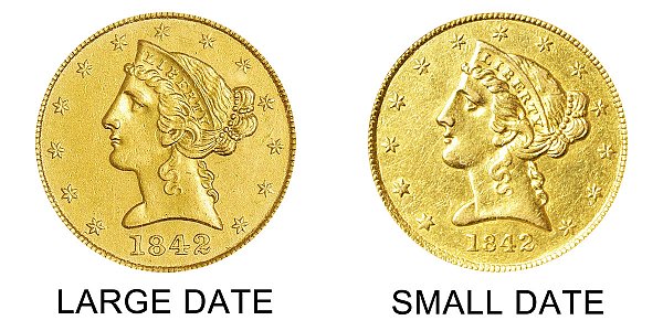 1842 C Large Date vs Small Date - $5 Liberty Head Gold Half Eagle - Difference and Comparison