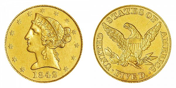 1842 Liberty Head $5 Gold half Eagle - Large Letters 