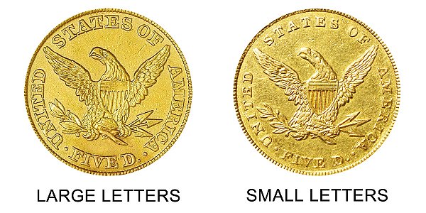 1842 Large Letters vs Small Letters - $5 Liberty Head Gold Half Eagle - Difference and Comparison