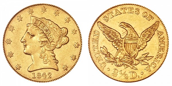 1842 Liberty Head $2.50 Gold Quarter Eagle - 2 1/2 Dollars 