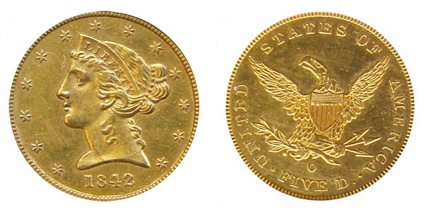 1842 O Liberty Head $5 Gold Half Eagle - Five Dollars 