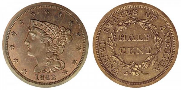 1842 Braided Hair Half Cent Penny - Original 