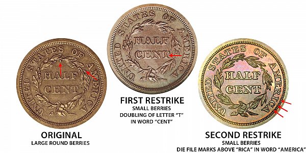 1842 Original vs First Restrike vs Second Restrike Braided Hair Half Cent - Difference and Comparison