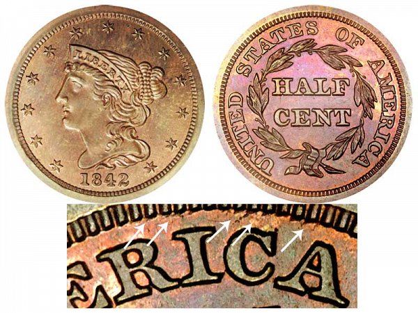 1842 Braided Hair Half Cent Penny - Second Restrike 