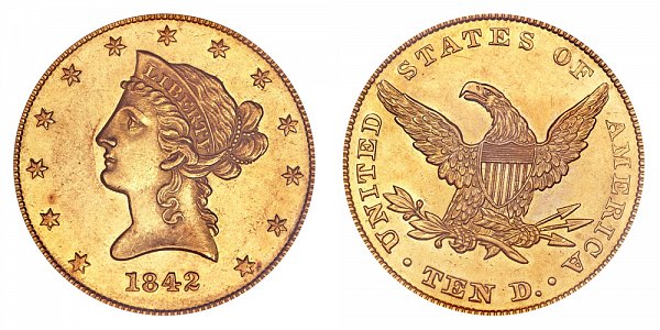 1842 Small Date Plain 4 - Liberty Head $10 Gold Eagle - Ten Dollars