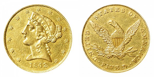 1842 Liberty Head $5 Gold half Eagle - Small Letters 