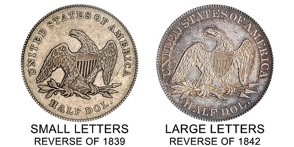 1842 Small Letters vs Large Letters Seated Liberty Half Dollar - Difference and Comparison