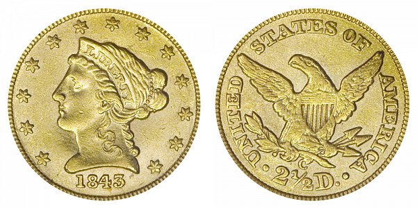 1843 C Liberty Head $2.50 Gold Quarter Eagle - Small Date - Crosslet 4 