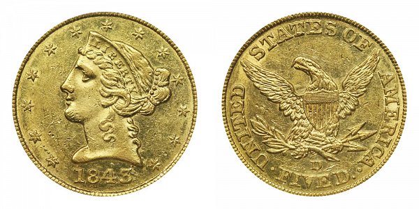 1843 D Liberty Head $5 Gold Half Eagle - Five Dollars 