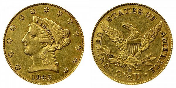 1843 D Liberty Head $2.50 Gold Quarter Eagle - Small D 