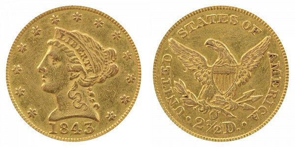 1843 O Liberty Head $2.50 Gold Quarter Eagle - Large Date - Plain 4 