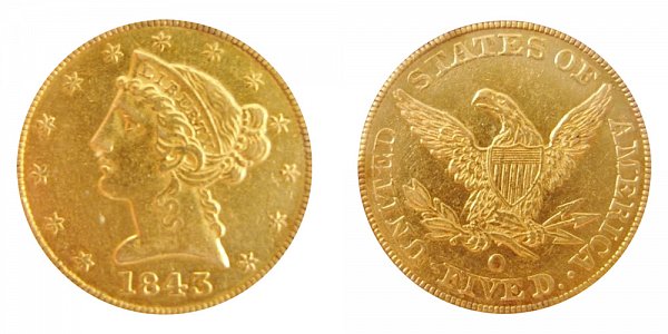 1843 O Liberty Head $5 Gold Half Eagle - Large Letters - Five Dollars 