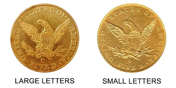 1843-O Large Letters vs Small Letters Liberty Head $5 Gold Half Eagle - Difference and Comparison