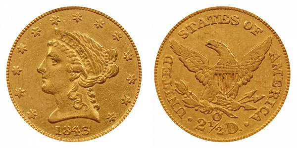 1843 O Liberty Head $2.50 Gold Quarter Eagle - Small Date - Crosslet 4 