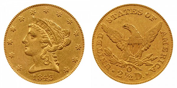 1843 O Liberty Head $2.50 Gold Quarter Eagle - Small Date - Crosslet 4