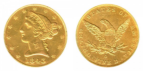 1843 O Liberty Head $5 Gold Half Eagle - Small Letters - Five Dollars 