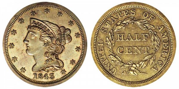 1843 Braided Hair Half Cent Penny - Original 