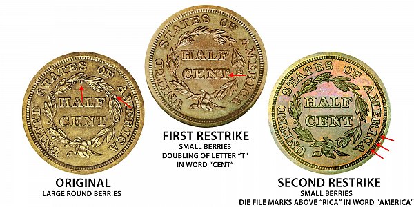 1843 Original vs First Restrike vs Second Restrike Braided Hair Half Cent - Difference and Comparison