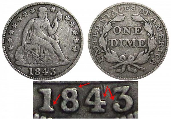 1843 Over 1843 RPD Seated Liberty Dime - Repunched Date Error 