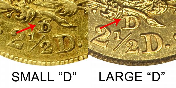 1843 Small D vs Large D Liberty Head $2.50 Gold Quarter Eagle - Difference and Comparison