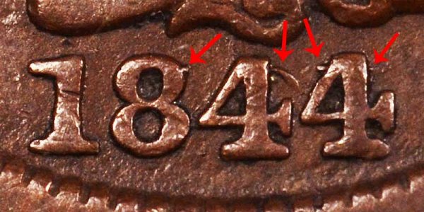 1844/81 Braided Hair Large Cent Penny - 44 Over 81 Overdate Error