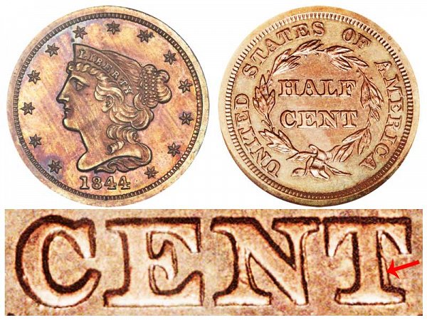 1844 Braided Hair Half Cent Penny - First Restrike 