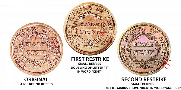 1844 Original vs First Restrike vs Second Restrike Braided Hair Half Cent - Difference and Comparison