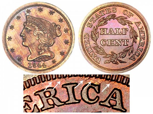 1844 Braided Hair Half Cent Penny - Second Restrike 