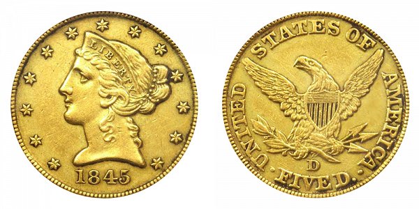 1845 D Liberty Head $5 Gold Half Eagle - Five Dollars 