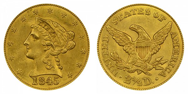 1845 Liberty Head $2.50 Gold Quarter Eagle - 2 1/2 Dollars 