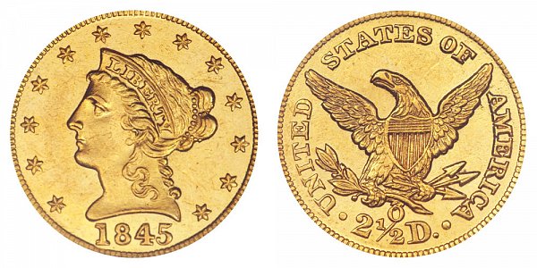 1845 O Liberty Head $2.50 Gold Quarter Eagle - 2 1/2 Dollars 